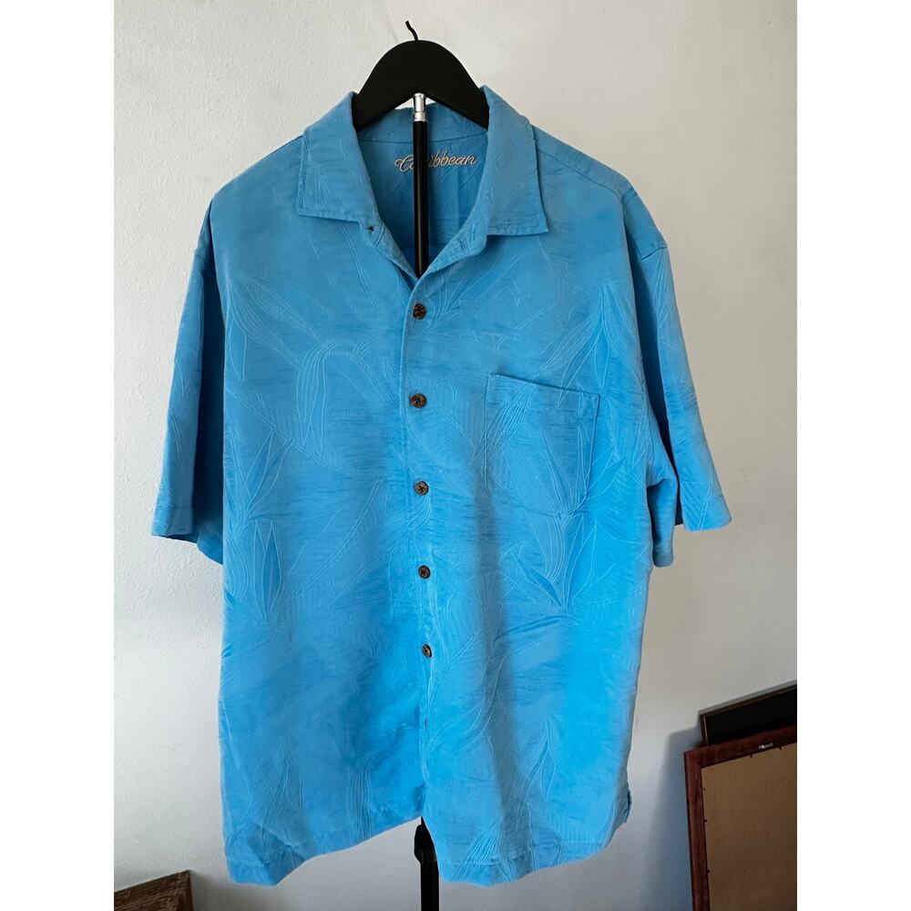 Caribbean Mens Blue Hawaiian Camp Shirt Modal Poly Blend Tonal Palm Leaf